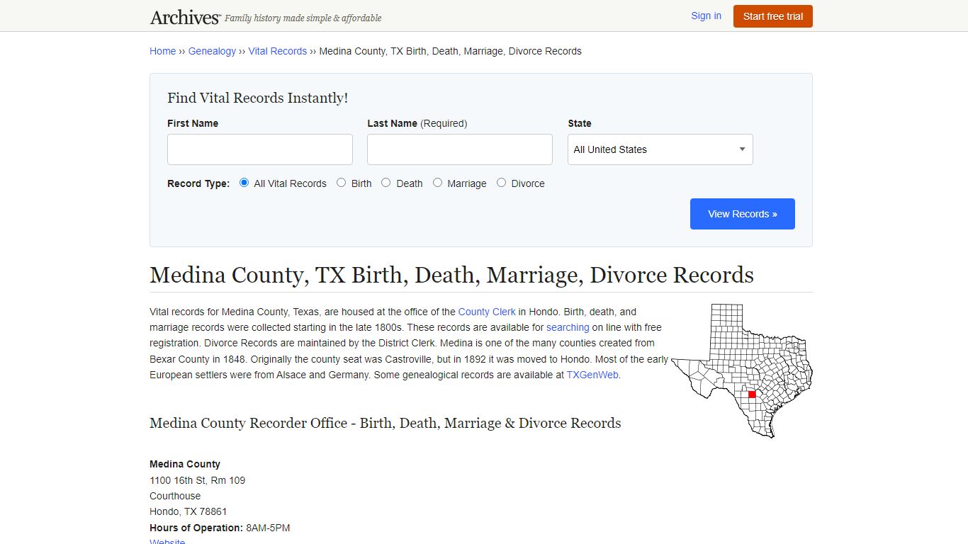 Medina County, TX Birth, Death, Marriage, Divorce Records