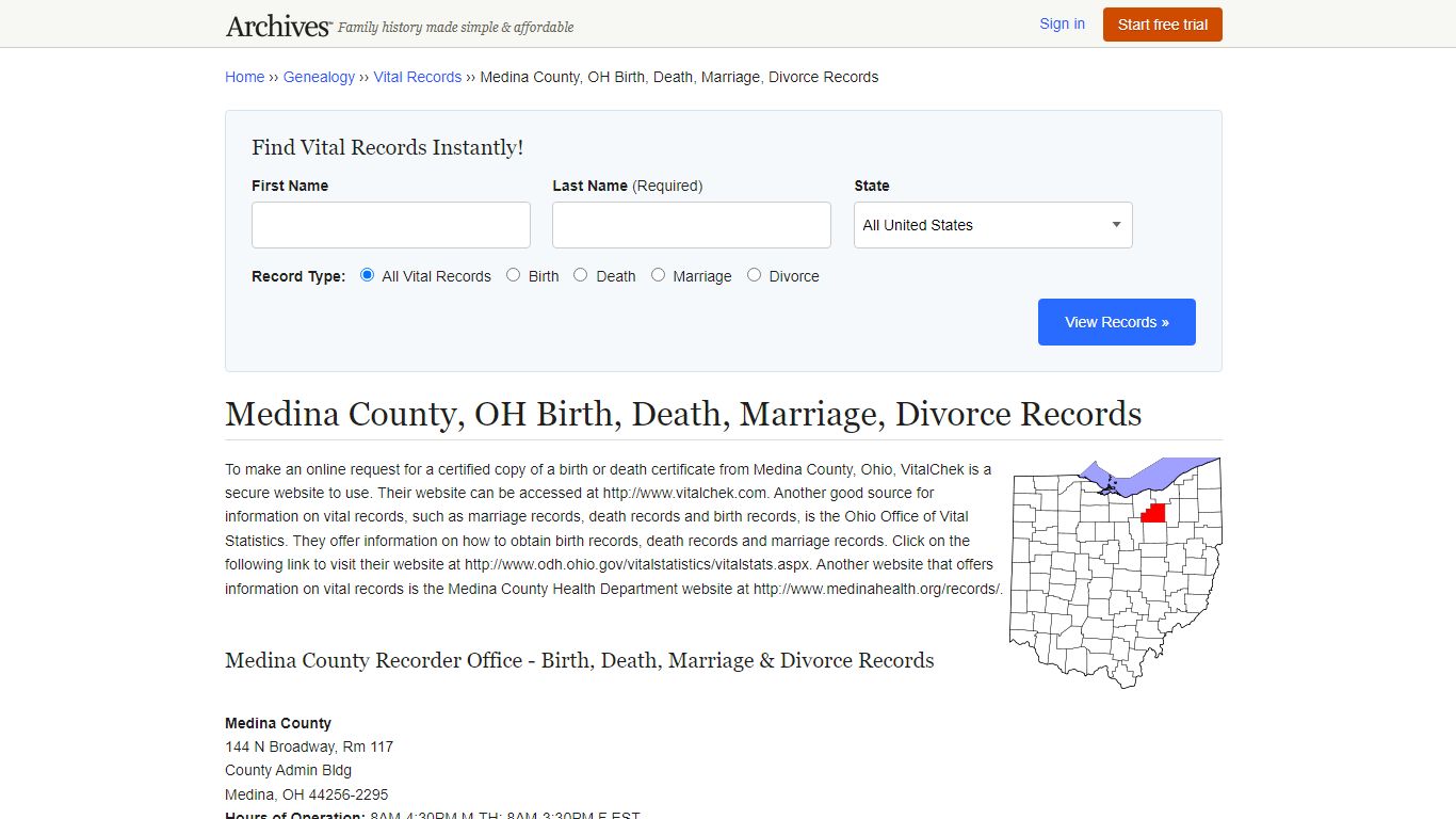 Medina County, OH Birth, Death, Marriage, Divorce Records